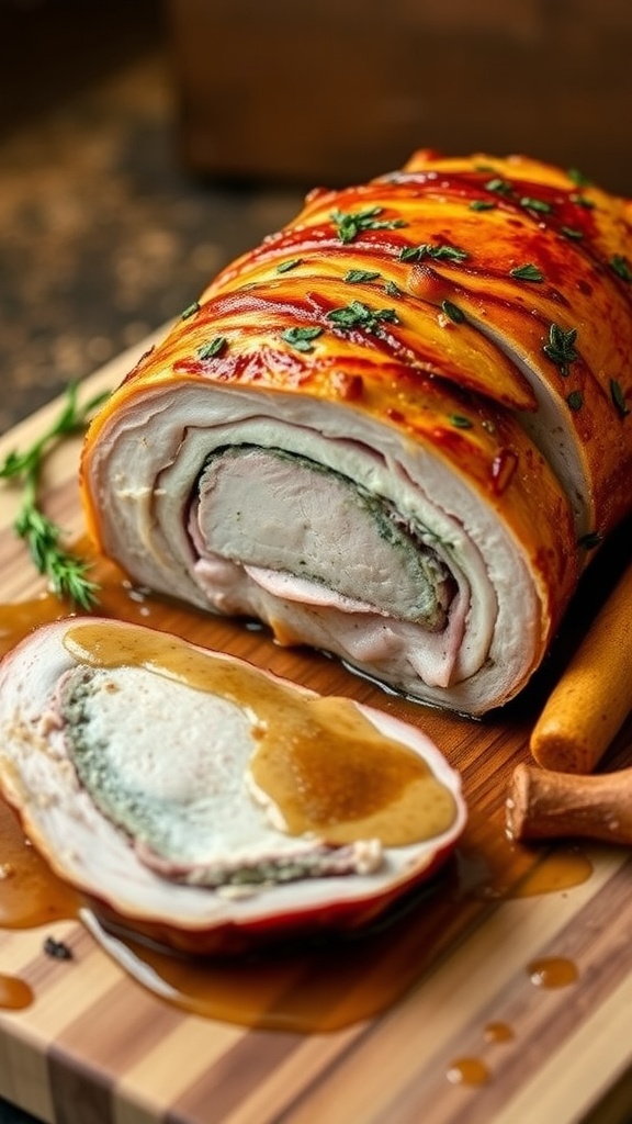 Sliced herb-crusted pork loin roast on a cutting board with fresh herbs and roasted vegetables.